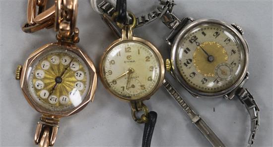 Two ladys 9ct gold wrist watches including one with 9ct gold bracelet and a silver wrist watch.